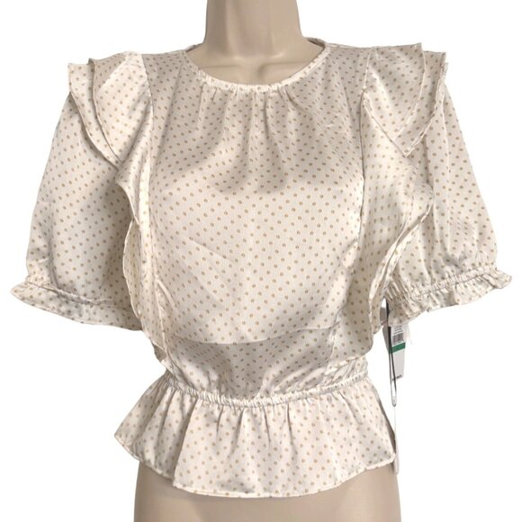 1 State Bon Voyage Cabo Dot Size Large Short Sleeve Blouse $69 NWT Peplum Crop - Picture 1 of 7